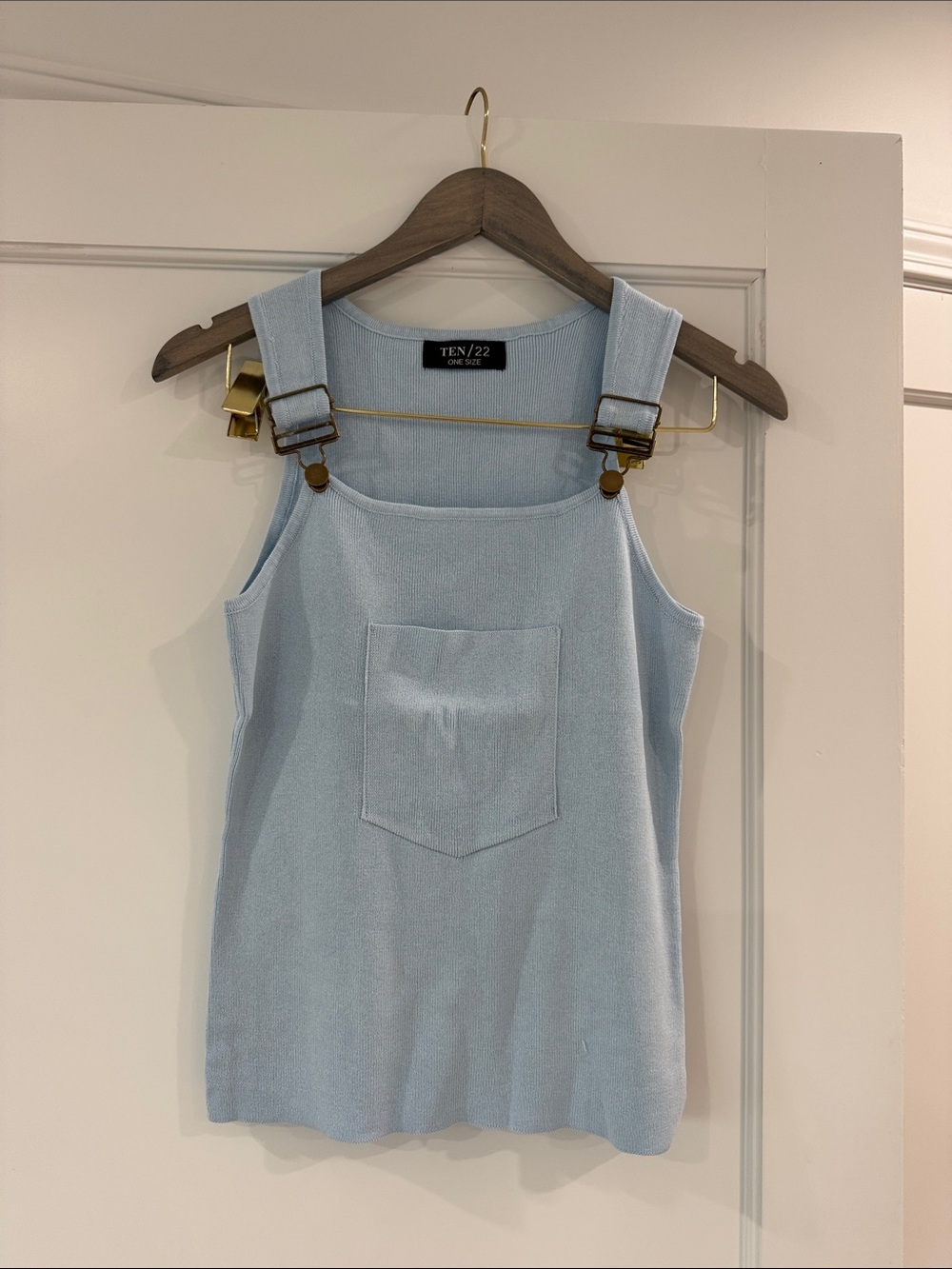 Light Blue Knit Overall Tank with Front Patch Pocket